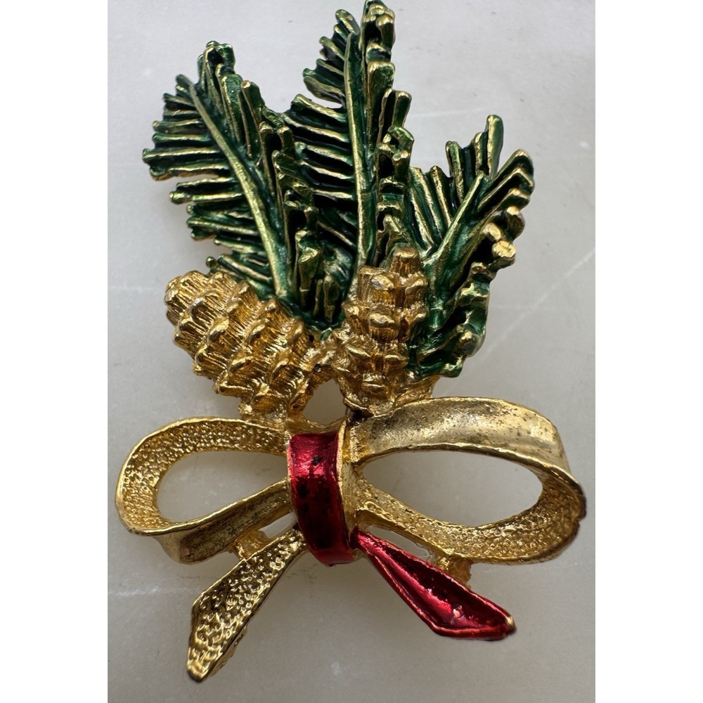 Christmas‎ Pinecone Brooch Gerry's Gold Tone Green Enamel Pine Branch Ribbon Pin